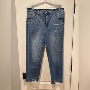 Express High-Rise Women's Jeans in Medium Blue with Distressed Hem